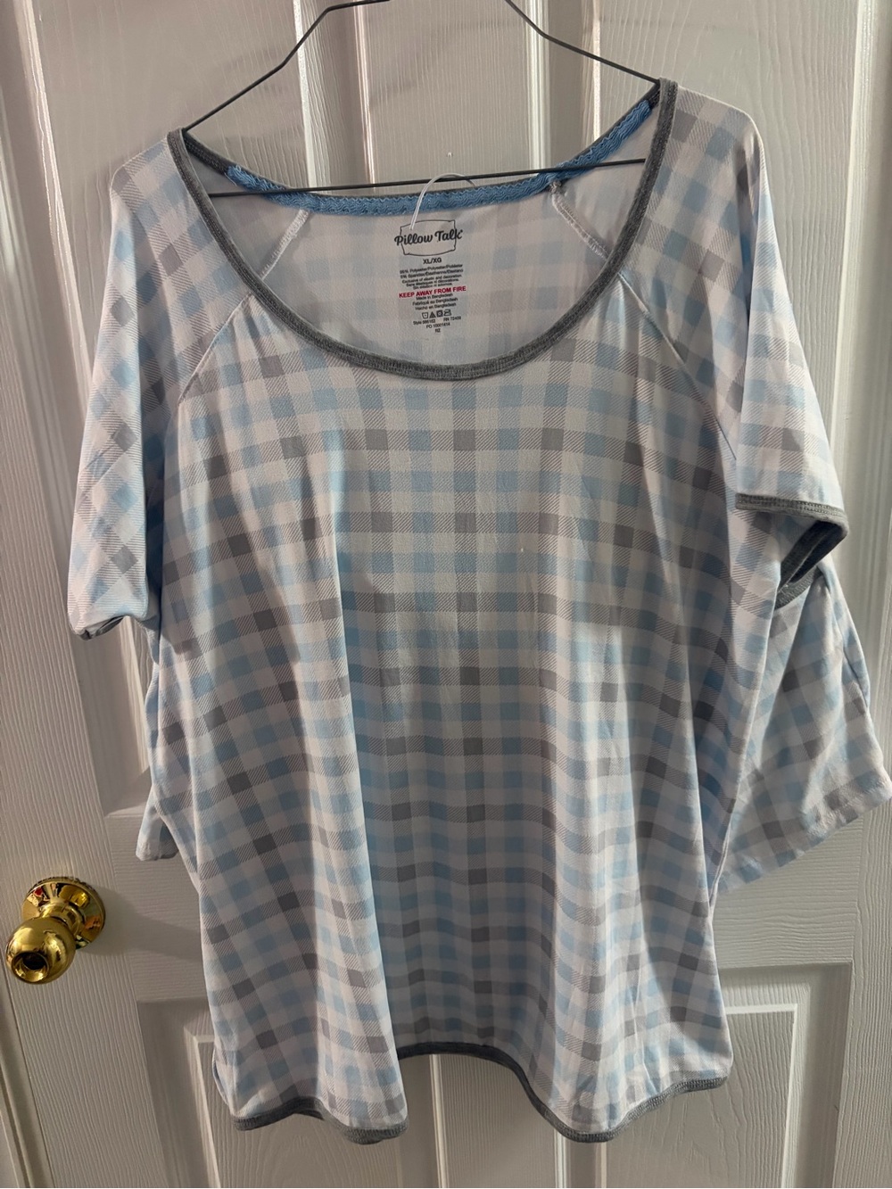 Light Blue & White Plaid Scoop Neck Short Sleeve Tee with Gray Trim